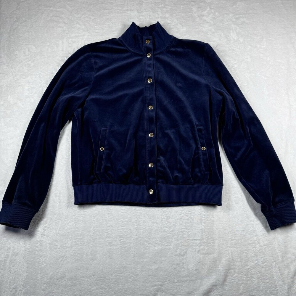 VTG LAUREN Ralph Lauren Women's Velour Snap Jacket‎ Blue w/Gold Full Large